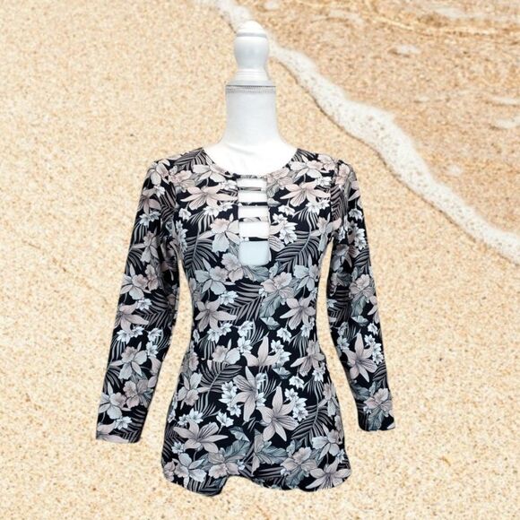 Misfit Retro Floral Cut Out Zipped Rashguard Set G-0191.92 - Picture 5 of 15
